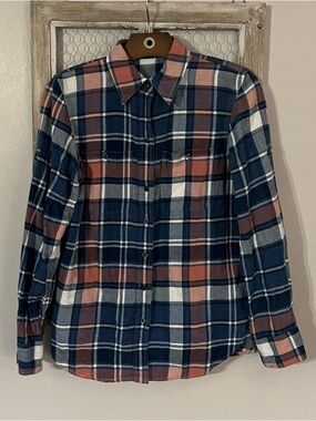 Navy, Rust & White Plaid Button-Up Flannel Shirt